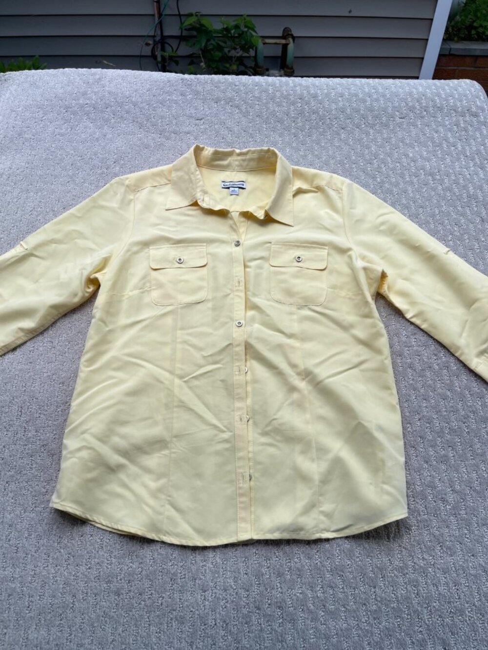 Croft & Barrow Womens L Yellow Button Front Utility Blouse Roll Tab 3/4 Sleeve